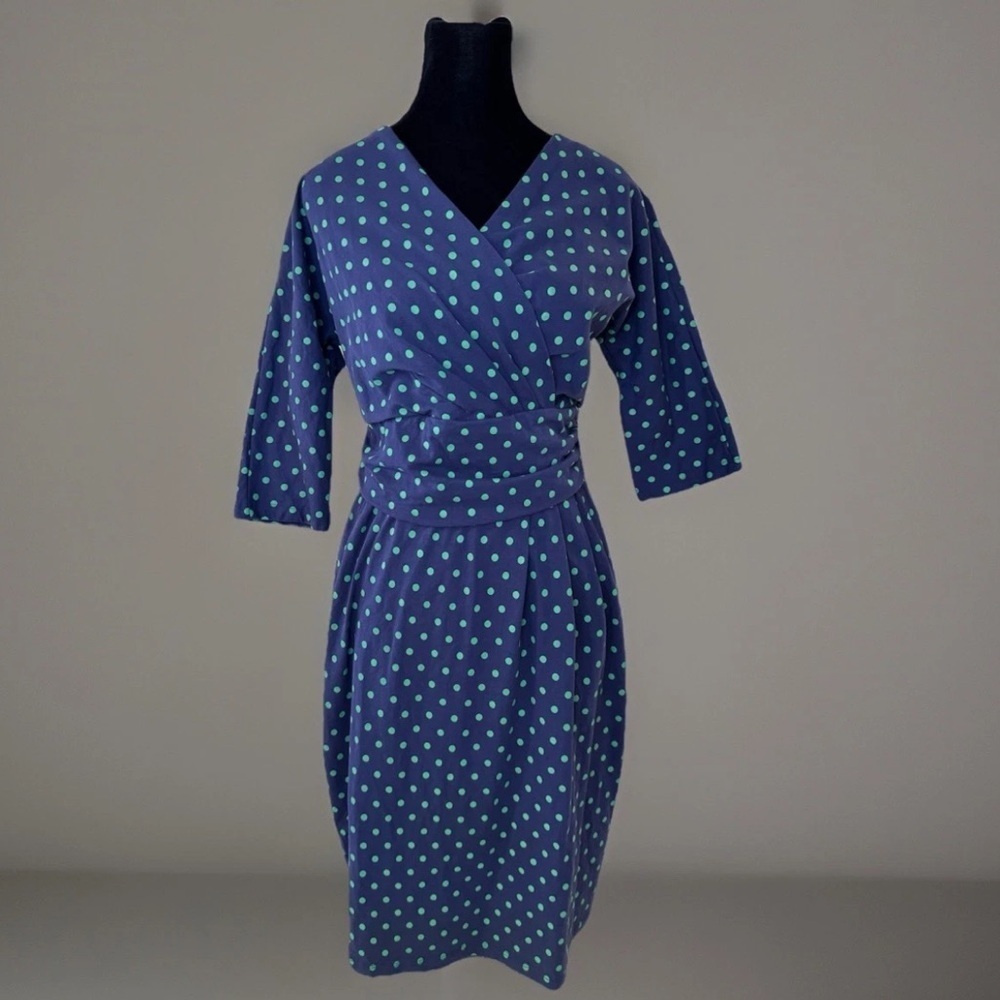 J Peterman Dress Sz 10 Faux Wrap Zip Back Ruching Blue Polka Dots V Neck Party